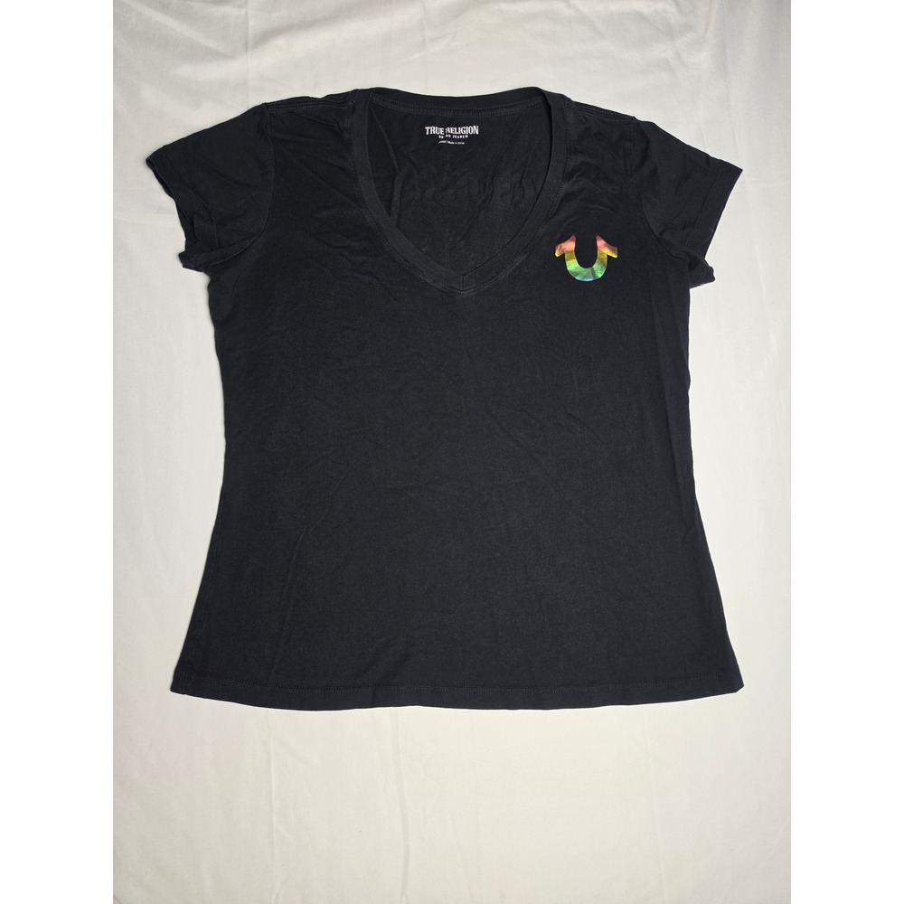 True Religion Womens Black Rainbow World Tour Graphic V-Neck T-Shirt Large
